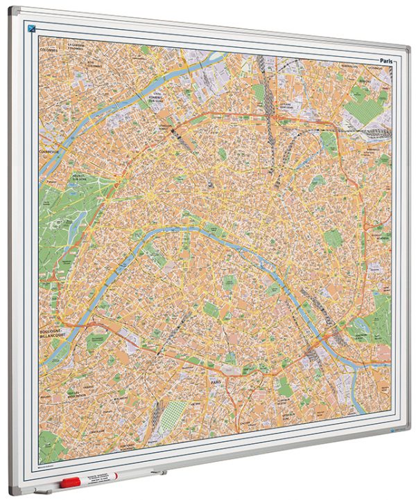 Stadskarta Berlin tryckt på whiteboard med emaljerad yta 120x90cm, Paris city map on whiteboard